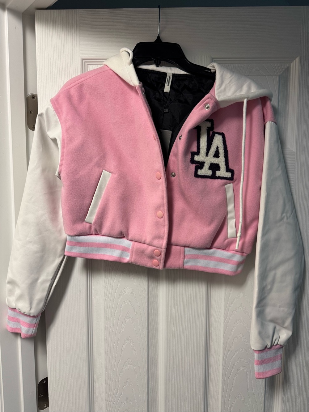 Cropped‎ LA Varsity Hooded Jacket for Women Sz Small Pink & White